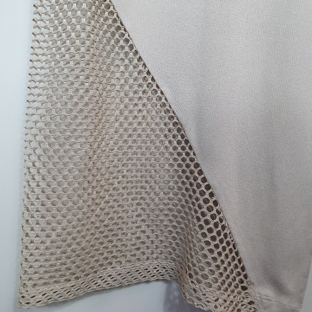 Beautiful Bodycon Midi dress  mesh sheer detail beige size 6 cotton - Picture 3 of 4